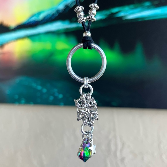 Handmade maille adjustable choker necklace rainbow austrian crystal star charm - Picture 2 of 9